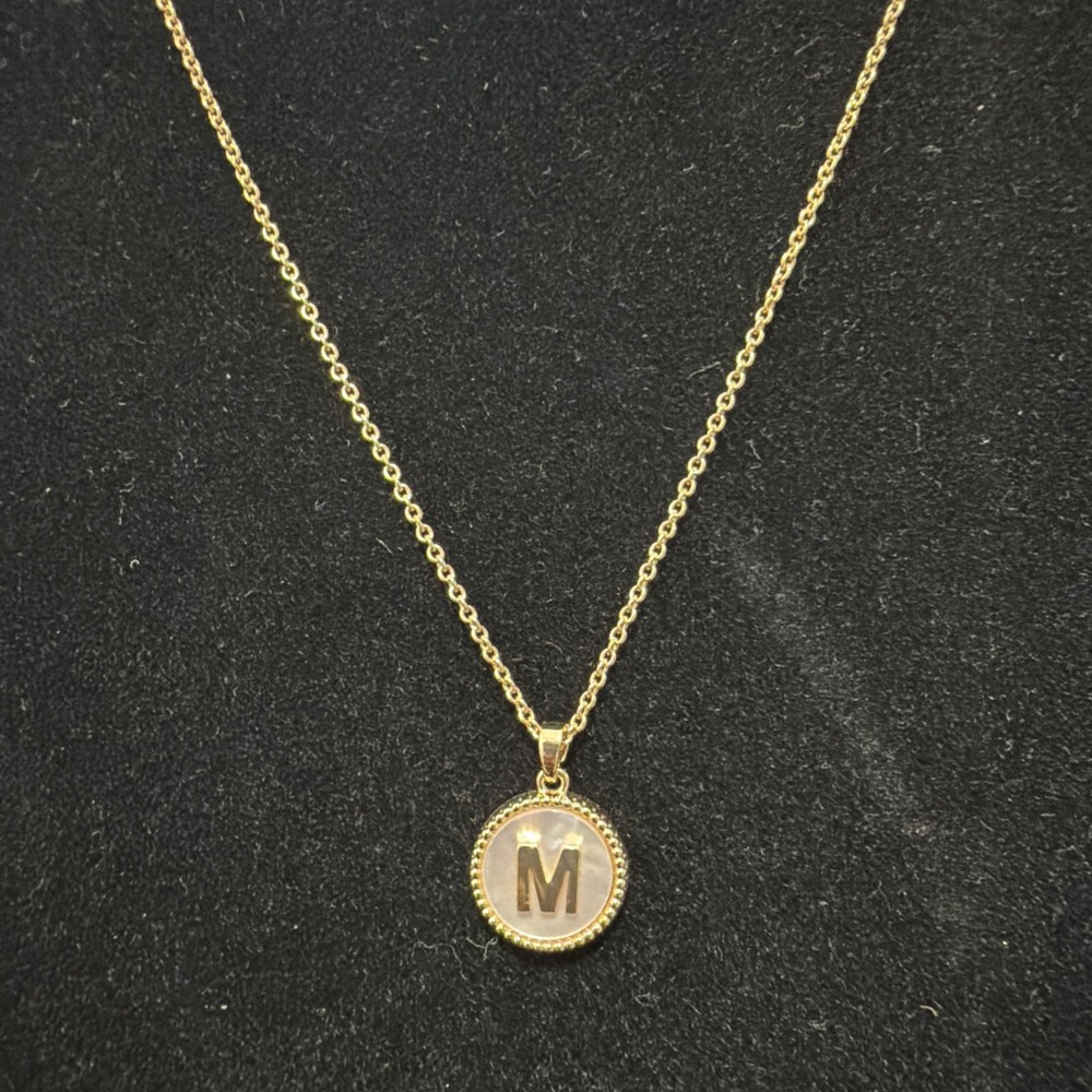 Women's Stainless Steel Gold Mother of Pearl M Initial Necklace 18" Snake Chain